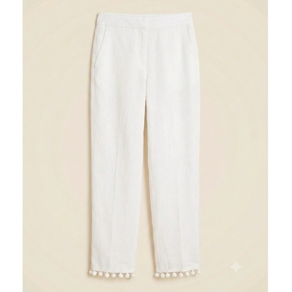 NWT J Crew Linen Cotton Blend White Summer Pants Pom-pom Trim Cropped Size 4